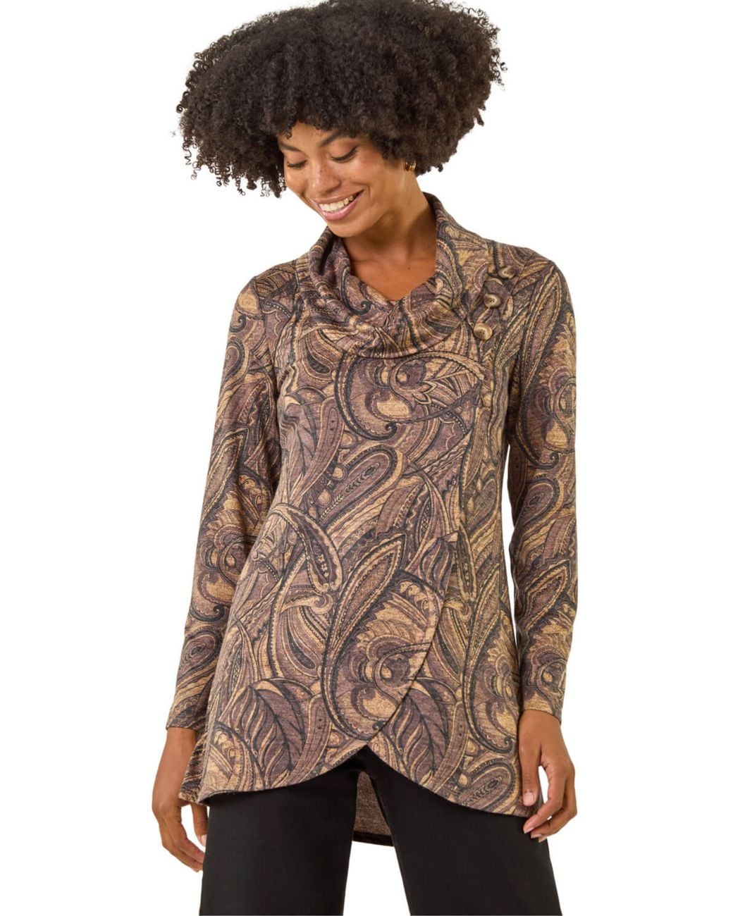 Roman Brown Paisley Print Cowl Neck Stretch Top