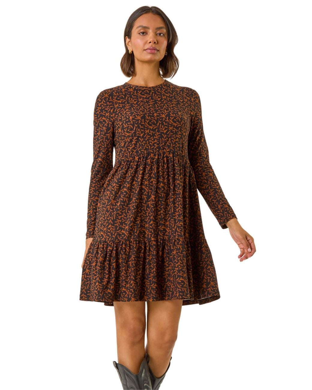 Roman Brown Leaf Print Stretch Dress
