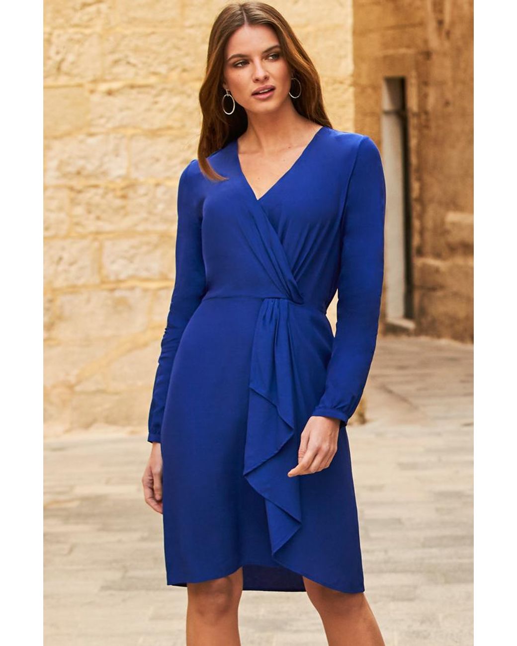 Sosandar Blue Ruffle Detail Faux Wrap Dress
