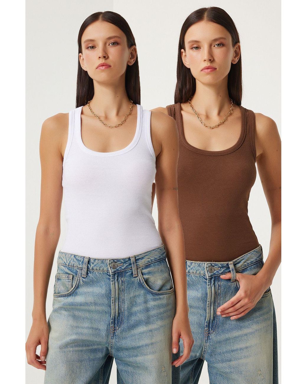 Happiness İstanbul Blue Fitted U Collar Knitted 2- Pack Tank Top