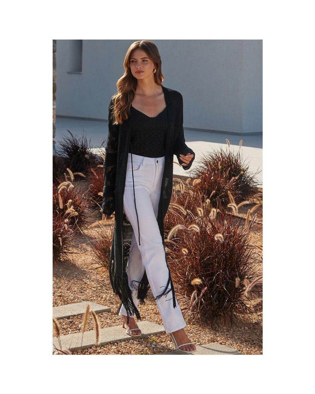 Sosandar Black Crochet Tassel Detail Maxi Cardigan