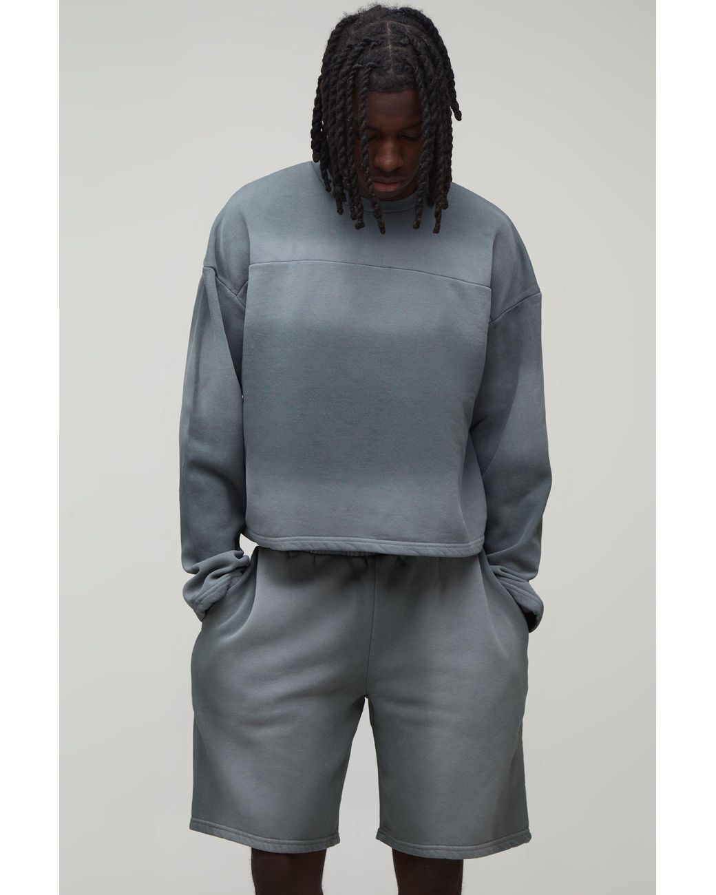 BoohooMAN Gray Shrunken Panel Wash Sweatshirt Short Tracksuit for men