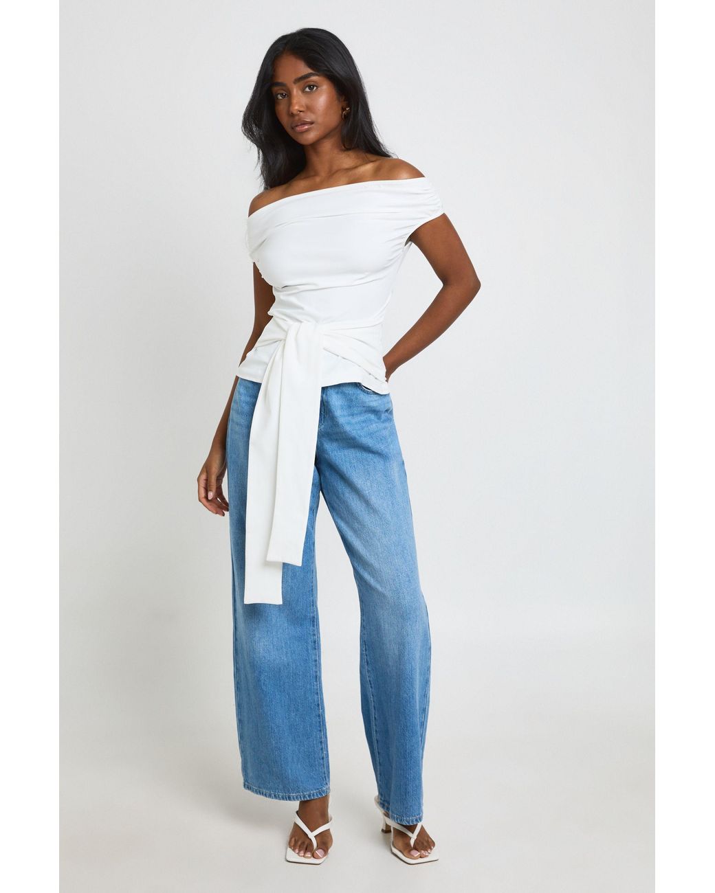 Boohoo Blue Tie Waist Of The Shoulder Top