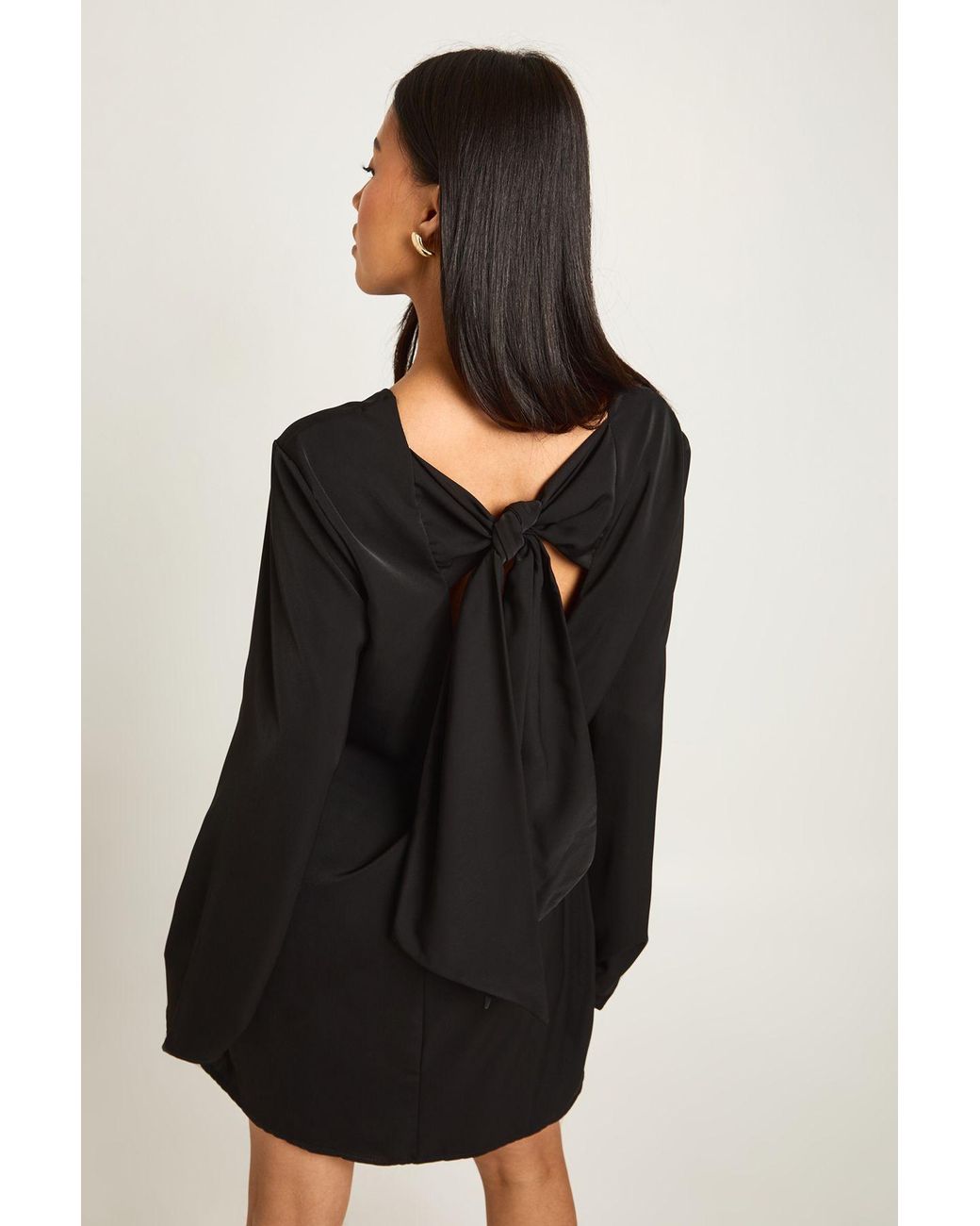 Boohoo Black Petite Bow Detail Open Back Mini Dress