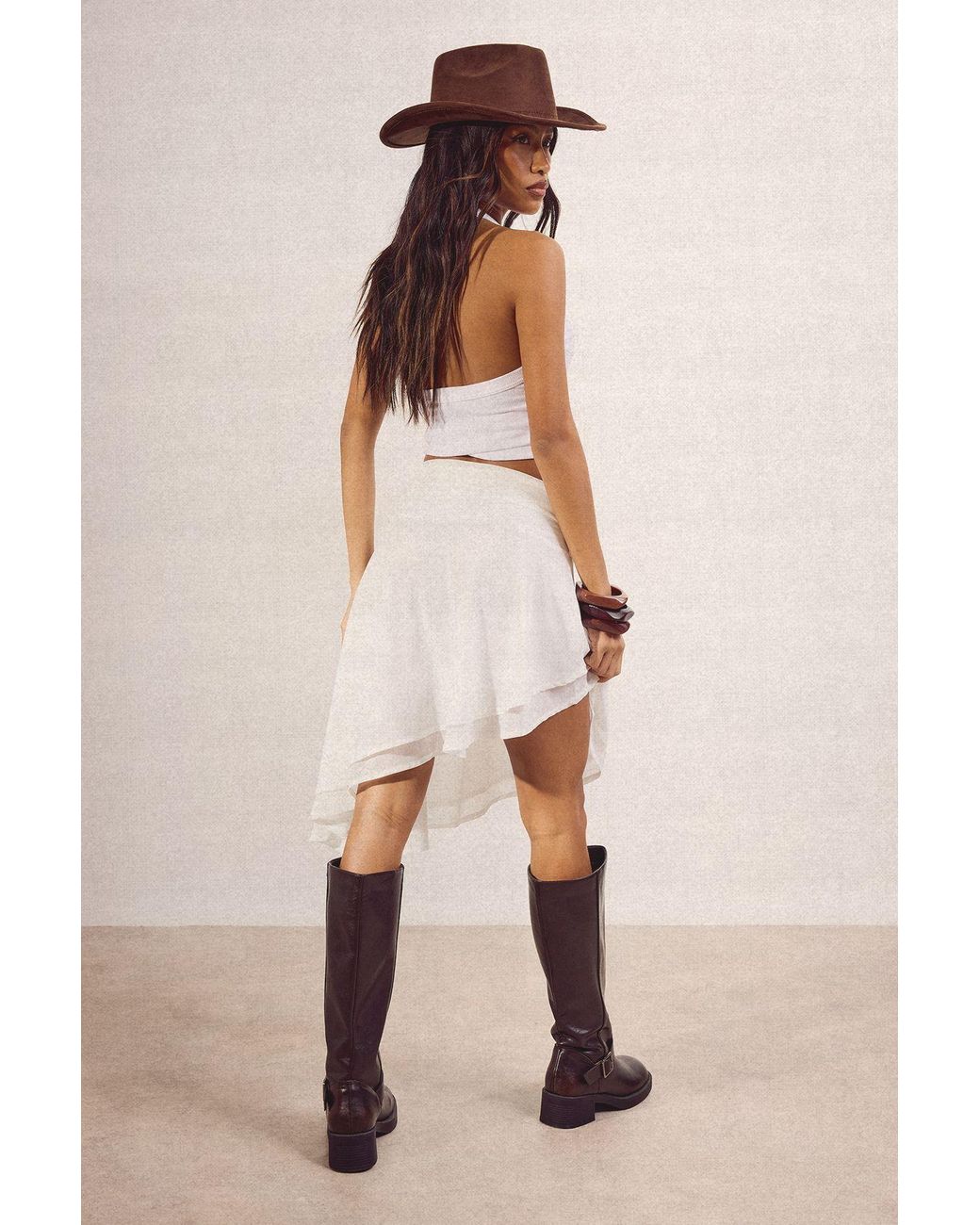 Boohoo Natural Chiffon Asymmetric Midi Skirt