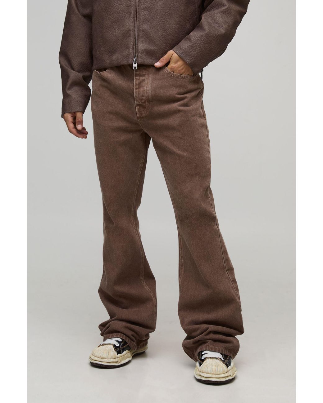 BoohooMAN Brown Extreme Flared Washed Jeans for men