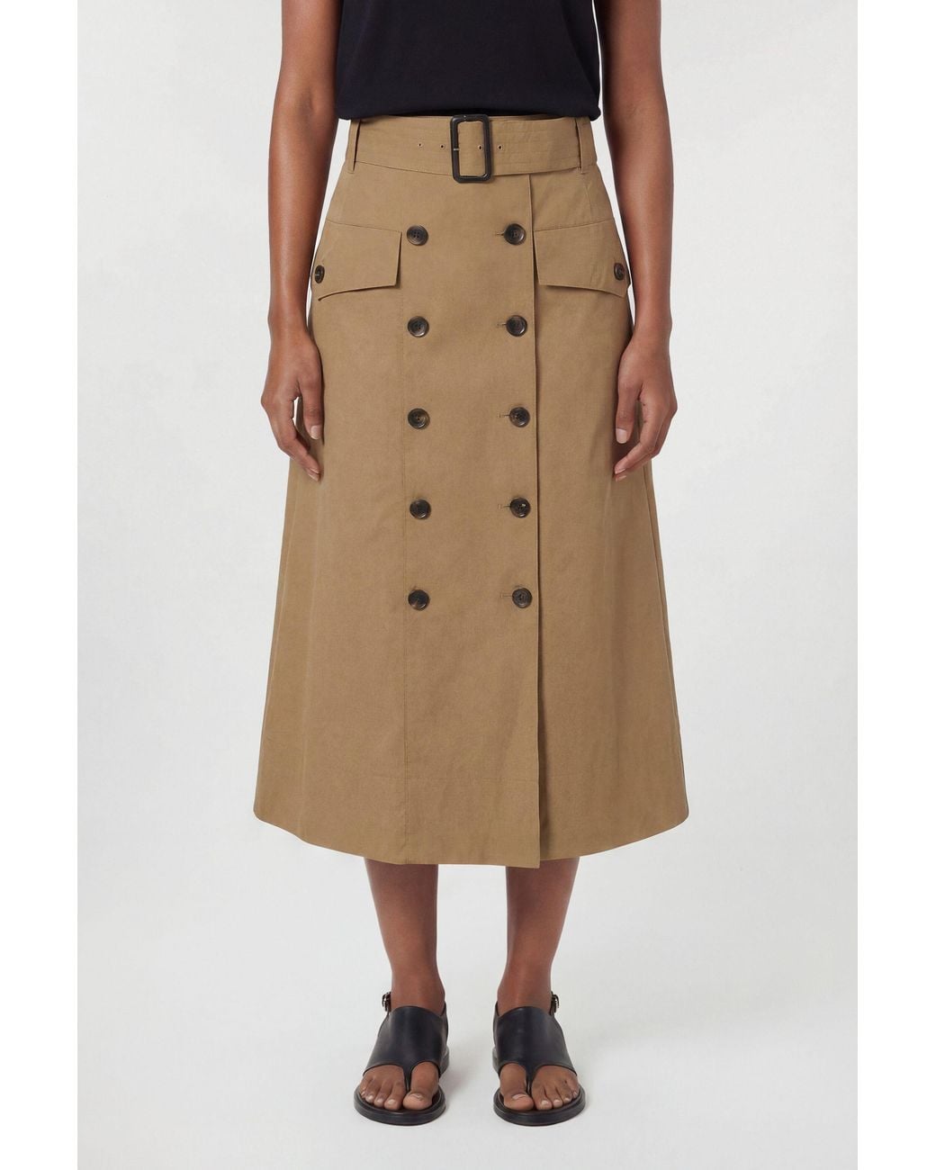 Karen Millen Natural Tailored Cotton Trench Button Front Pleated Skirt