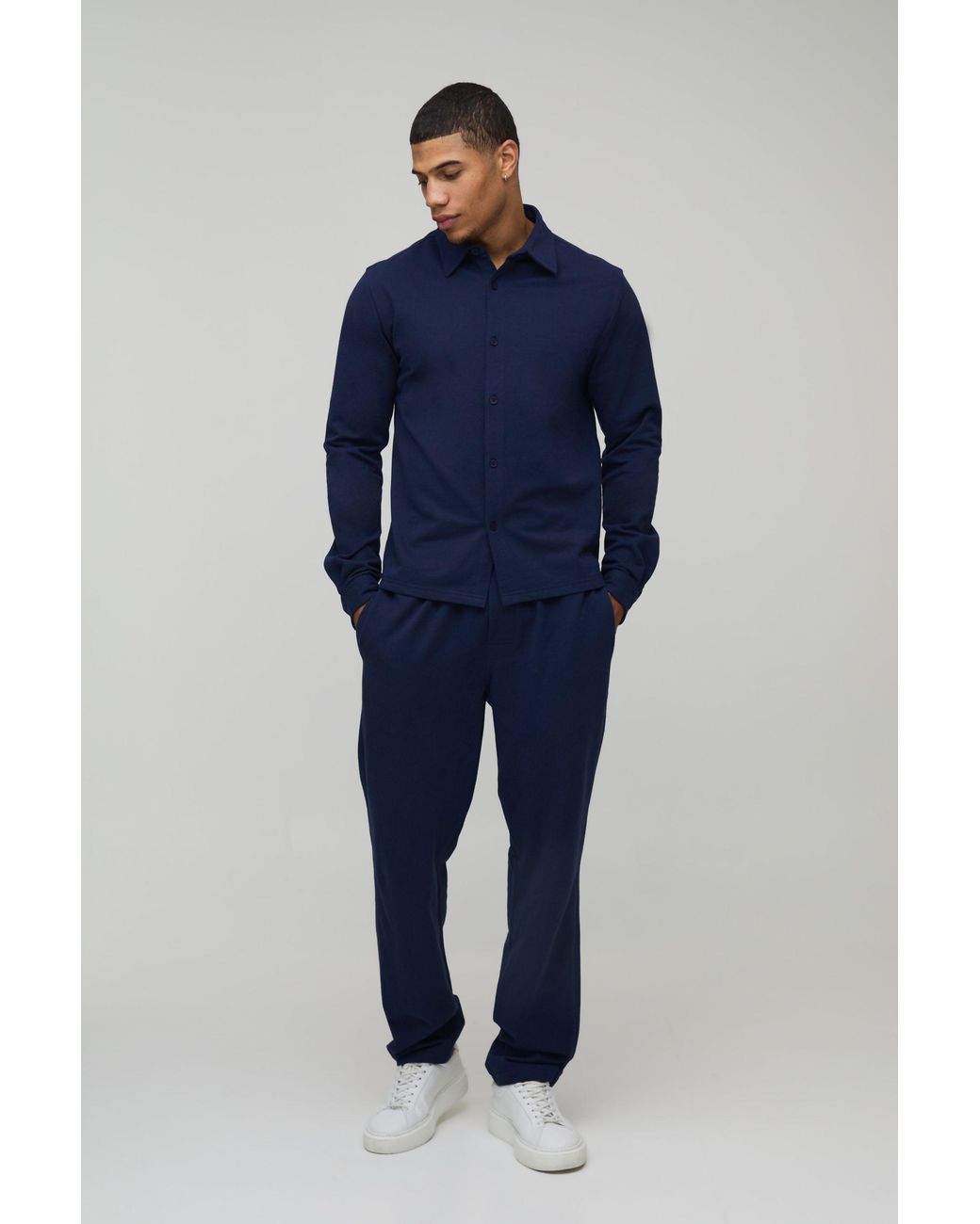 BoohooMAN Blue Regular Fit Long Sleeve Shirt And Tapered Trouser Set for men