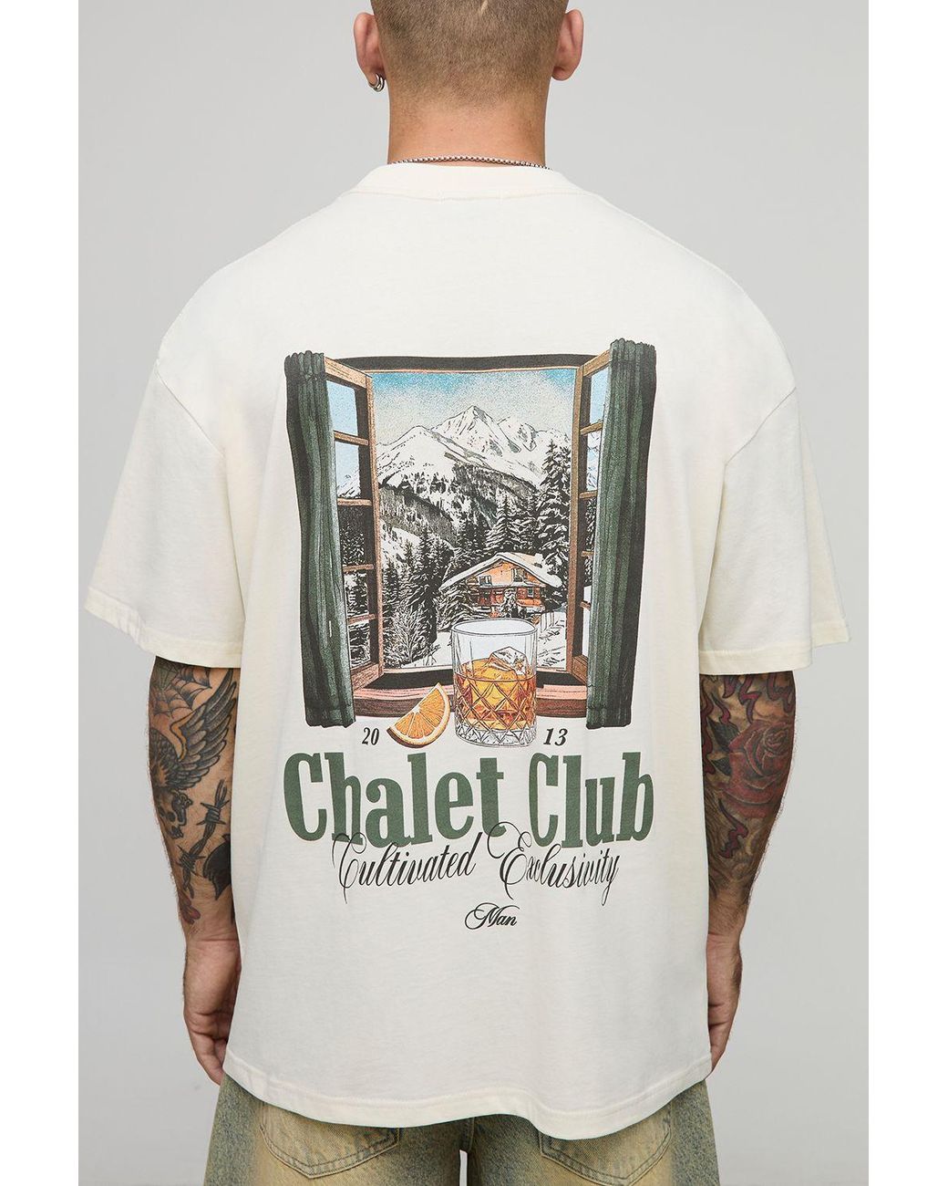 BoohooMAN Gray Ecru Oversized Extended Neck Chalet Mountain Alps Landscape T-Shirt for men