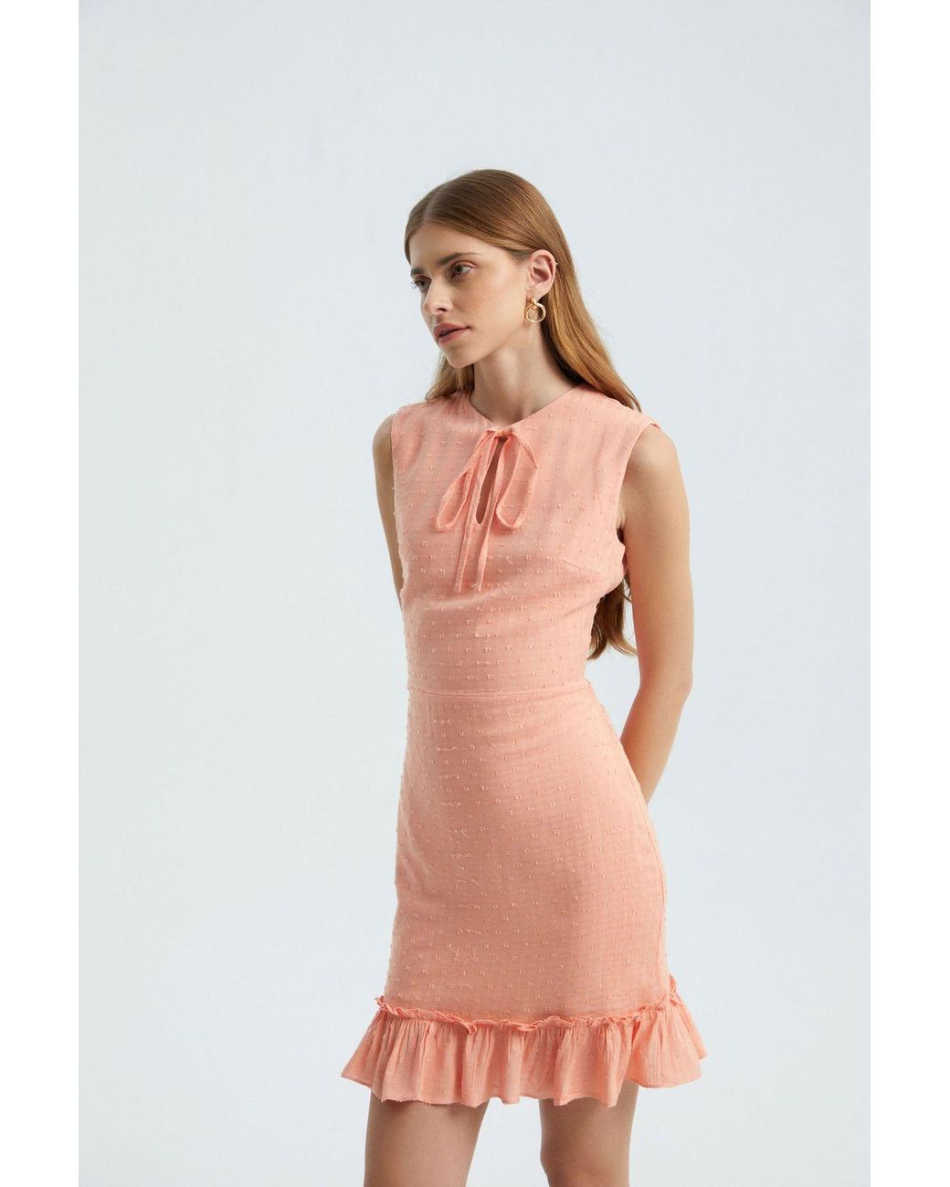 Hiccup Orange Round Neck Drawstring Ruffle Sleeveless Mini Dress