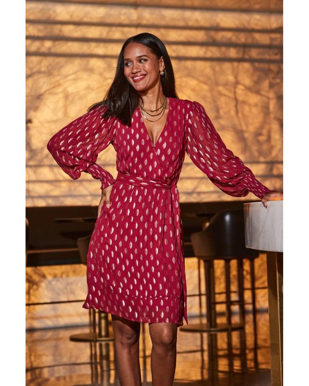 Sosandar Brown Raspberry & Metallic Spot Print Belted Wrap Dress