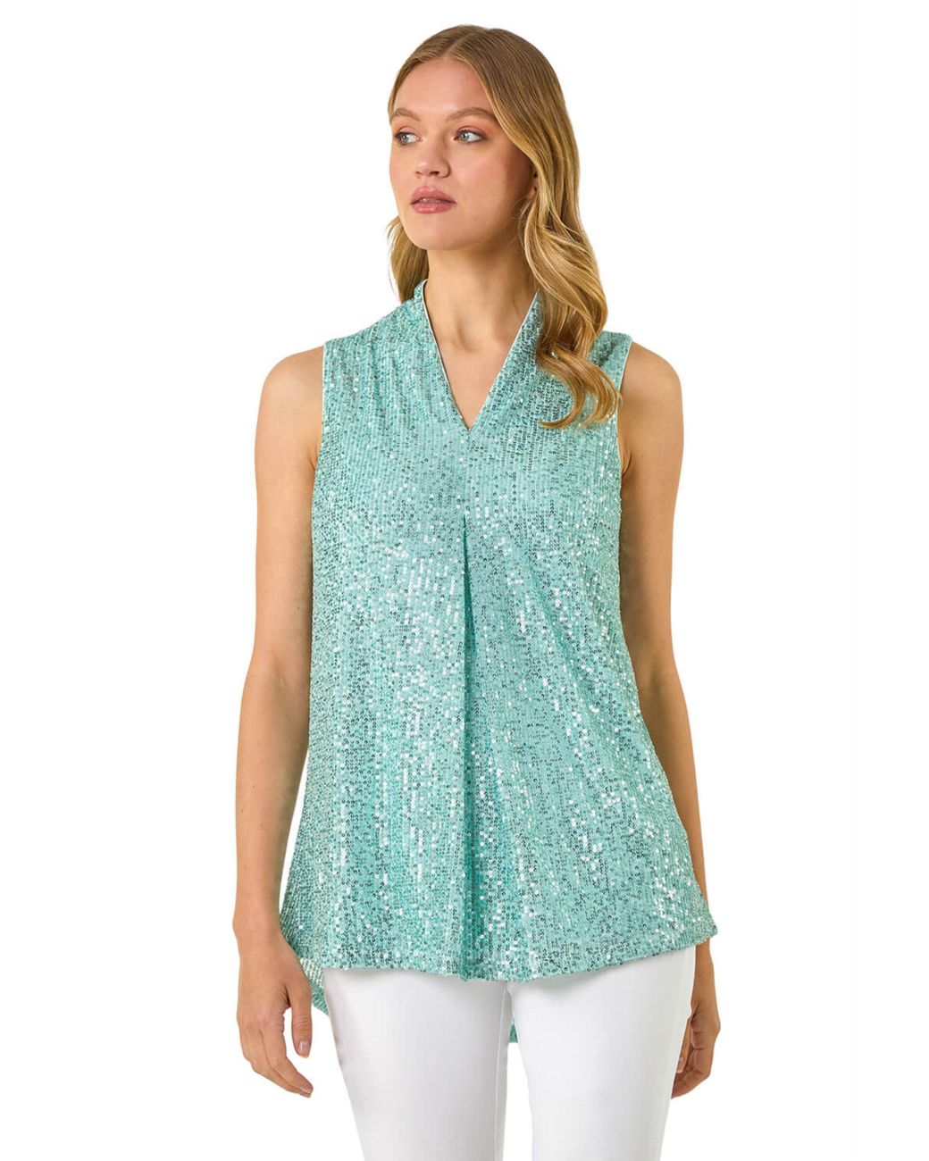 Roman Blue Sequin Pleat Front Vest Top