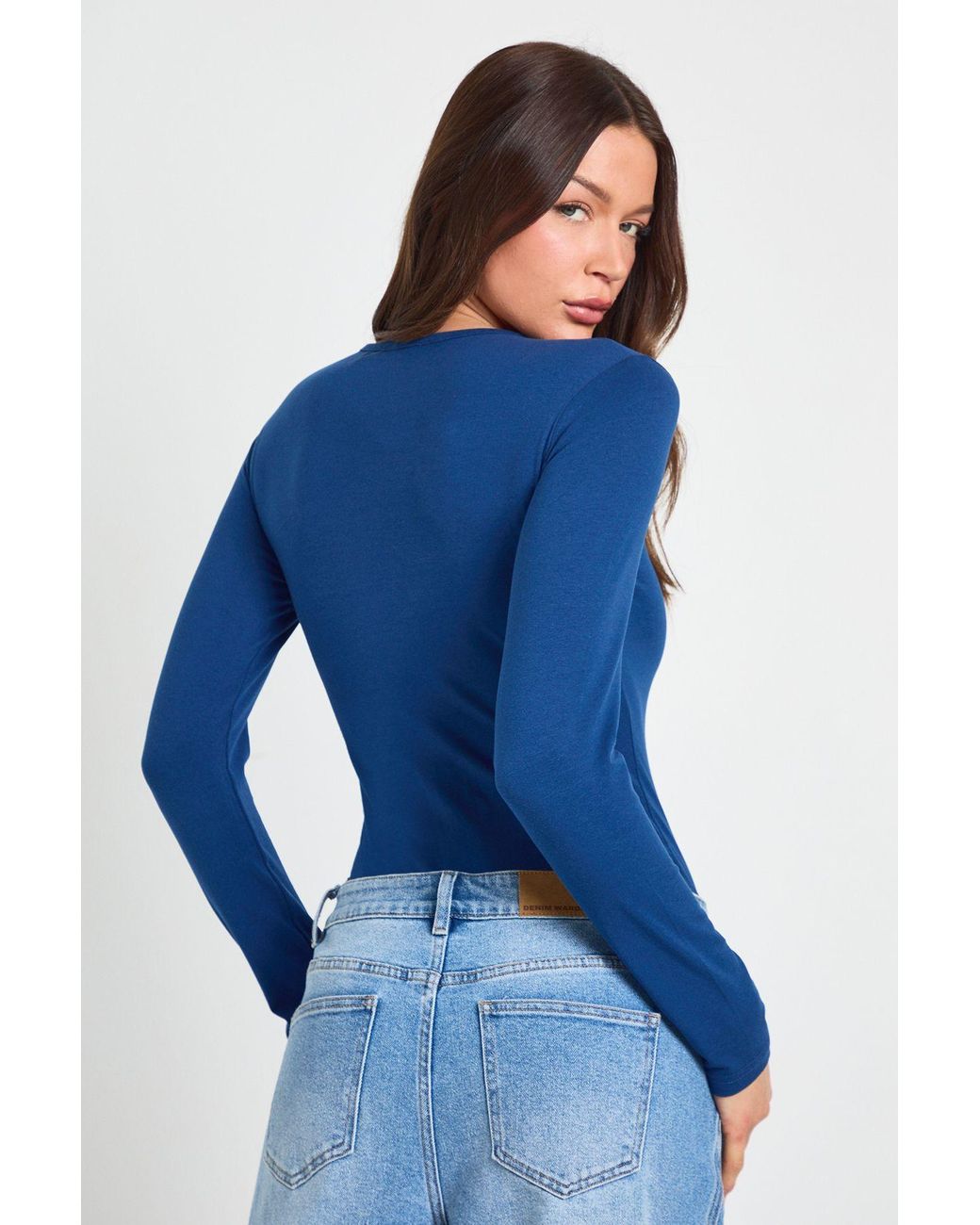 Boohoo Blue Basic Long Sleeve Crew Neck Bodysuit