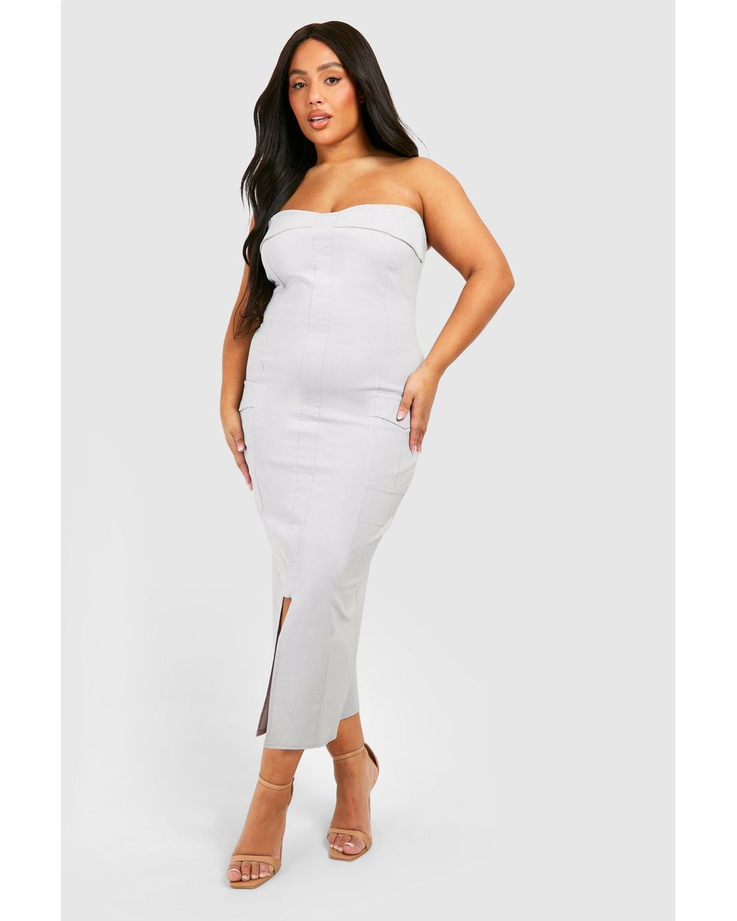 Boohoo White Plus Bengaline Bandeau Utility Midaxi Dress