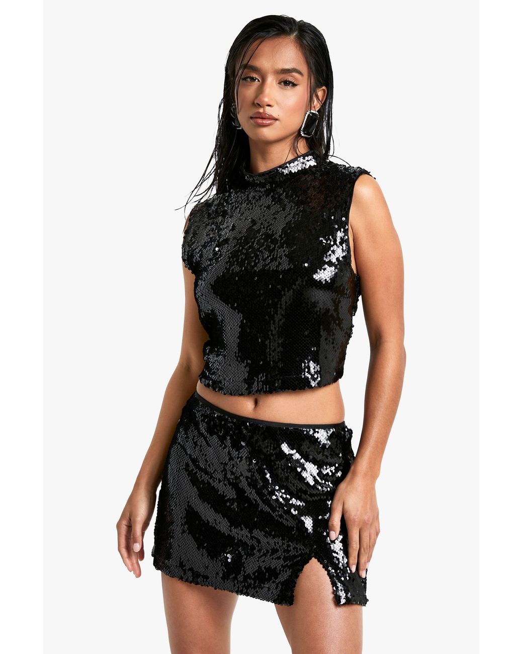 Boohoo Black Petite Sequin High Neck Top