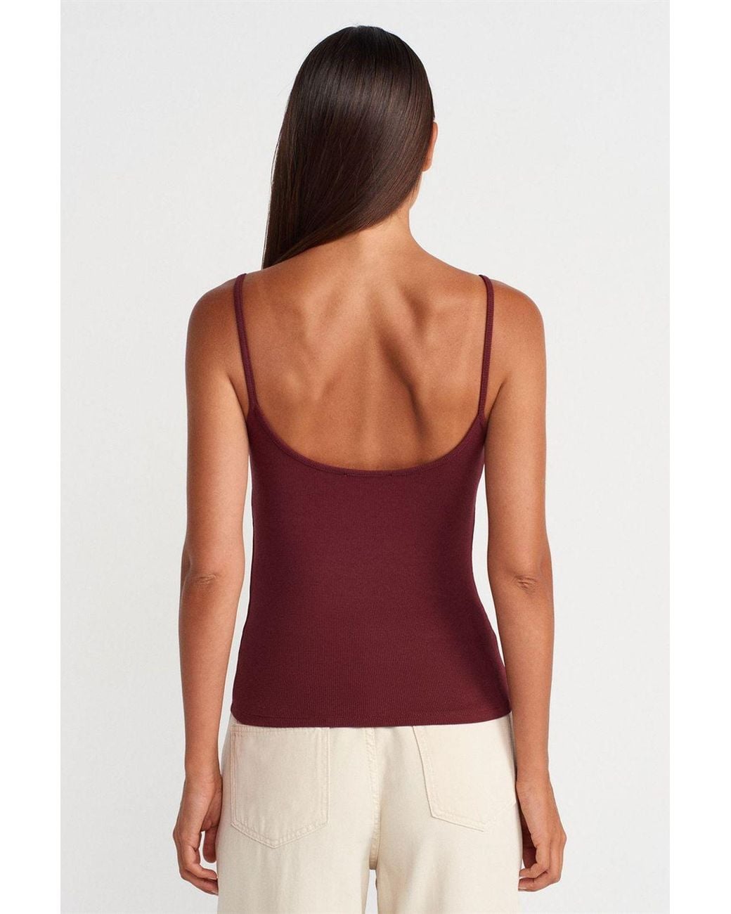Dilvin Red Ribbed Sleeveless Slim Fit Blouse
