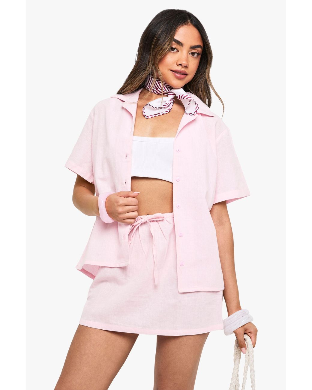 Boohoo White Linen Short Sleeve Shirt & Mini Skirt Co-Ord