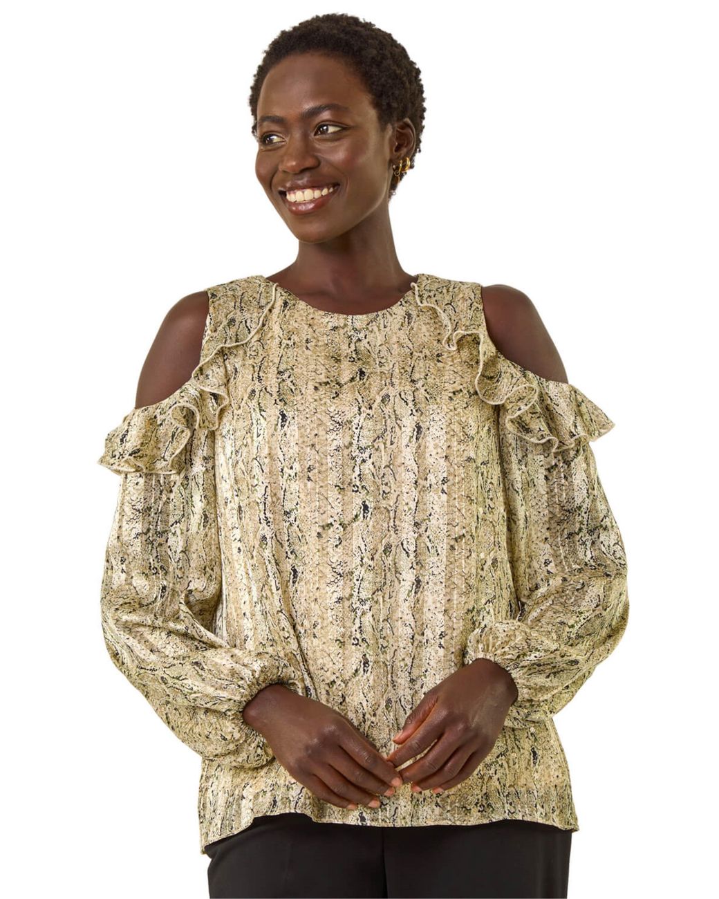 Roman Metallic Snake Print Frill Cold Shoulder Top