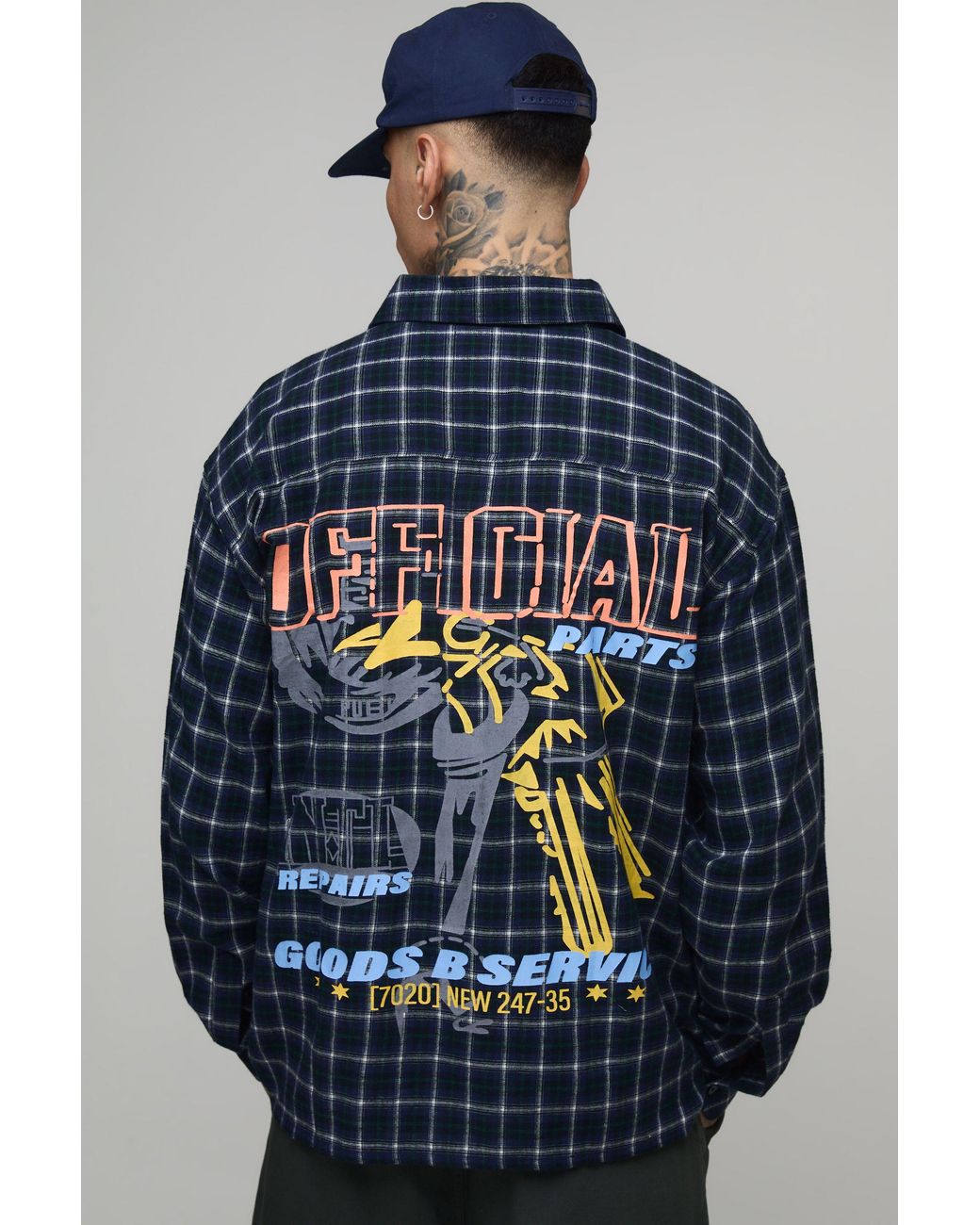 BoohooMAN Blue Tall Oversized Moto Back Print Checked Shirt for men
