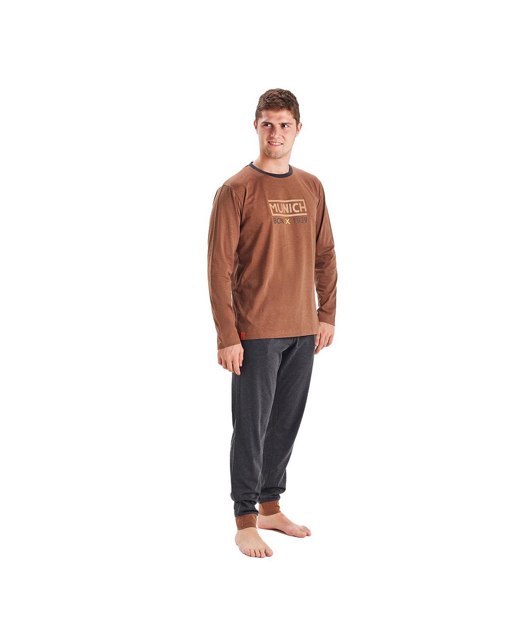 Munich Brown Winter Pajamas Long Sleeve Round Neck Mu1 for men