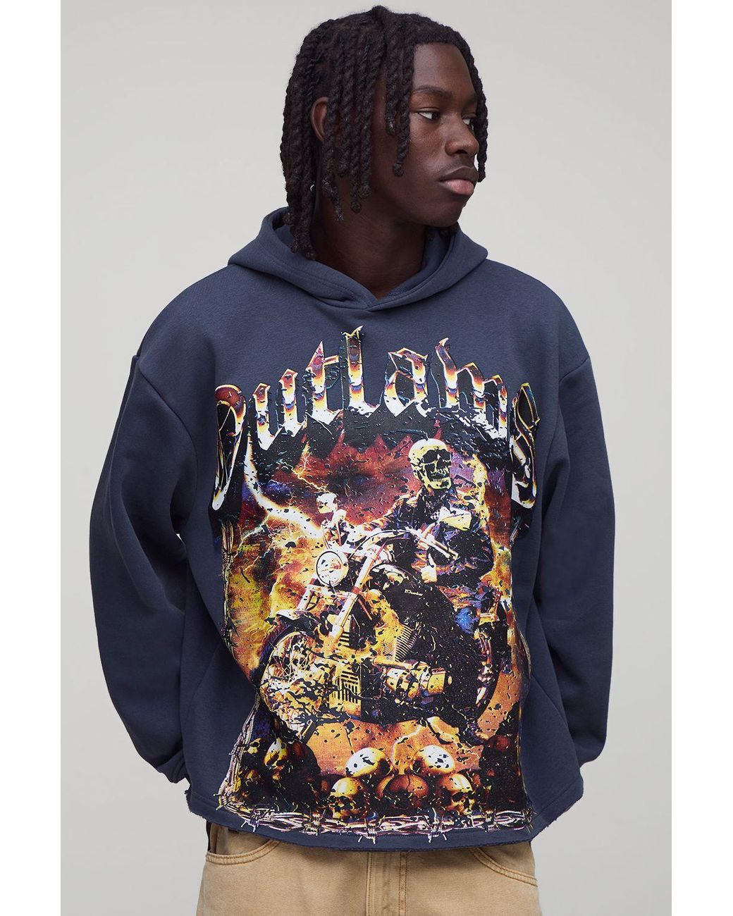 BoohooMAN Blue Oversized Boxy Outlaws Large Scale Graphic Hoodie for men