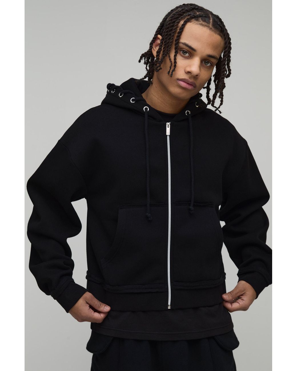 BoohooMAN Black Shrunken Fit Zip Thru Hoodie for men