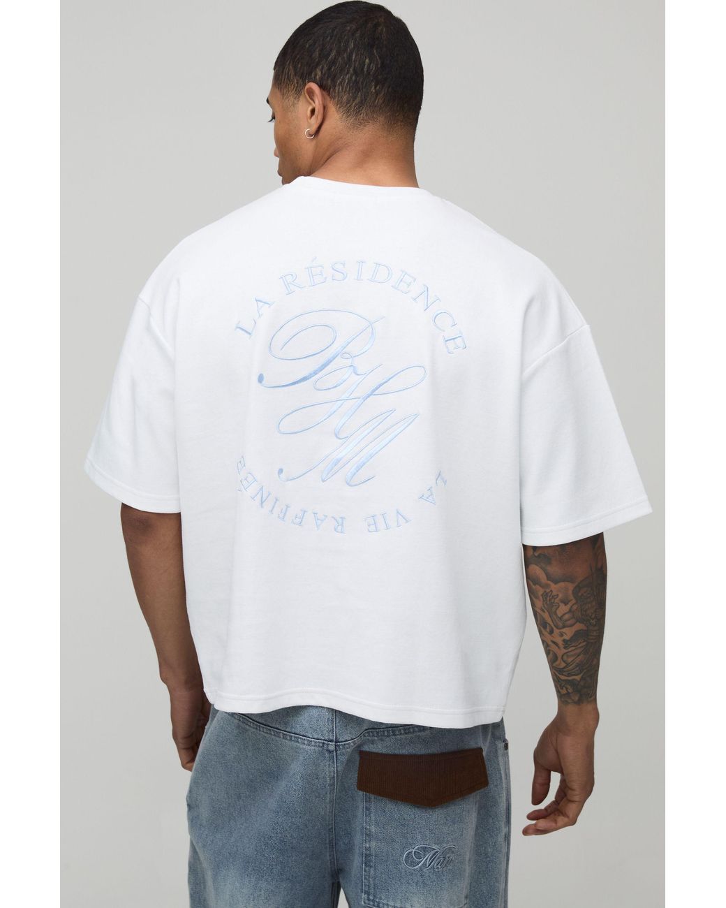 BoohooMAN White La Residence Embroidered Oversized Boxy T-Shirt for men