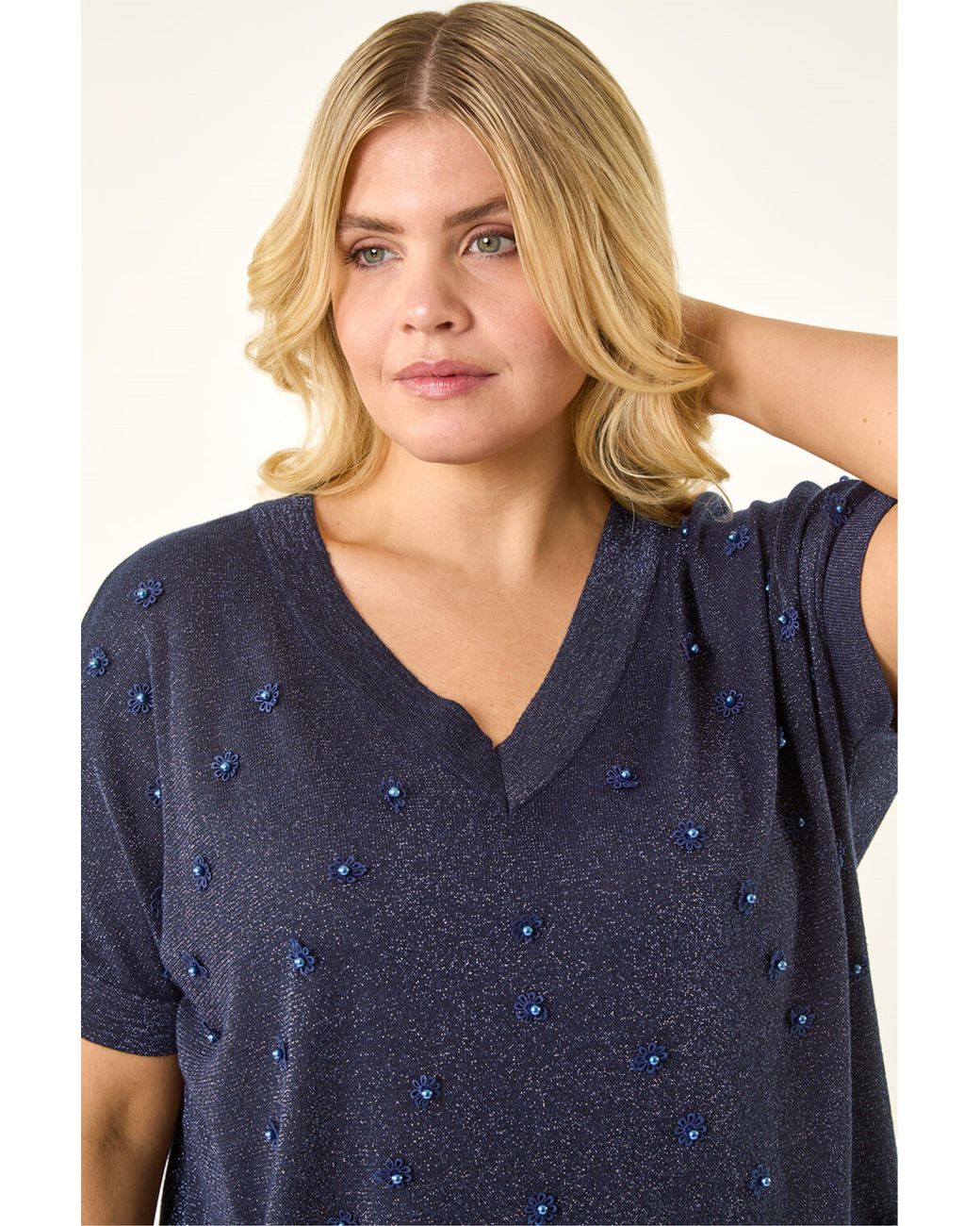 Roman Blue Curve Floral Pearl Top