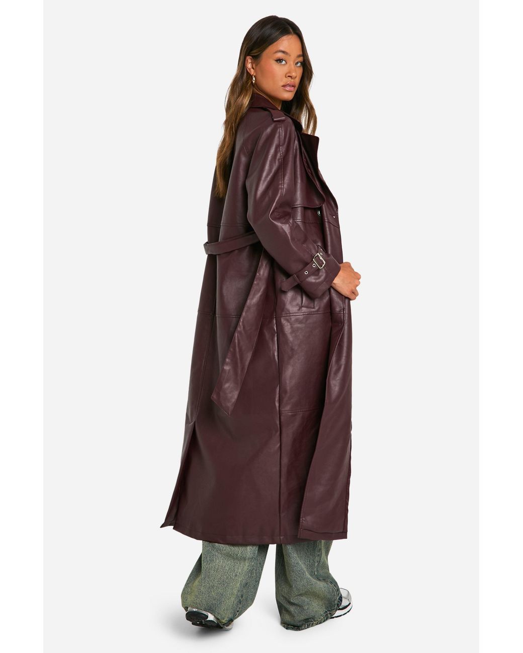 Boohoo Brown Tall Double Breast Faux Leather Maxi Trench Coat