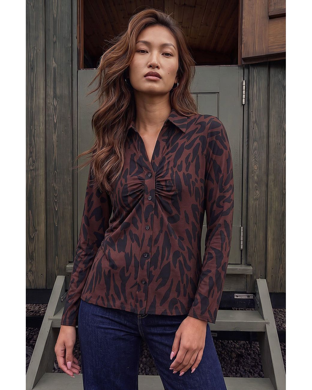 Roman Gray Abstract Print V-Neck Blouse