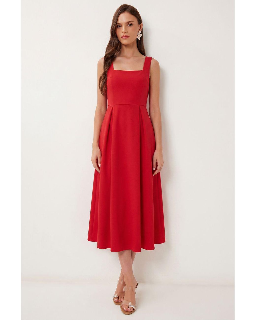 Happiness İstanbul Red Square Collar A-Form Midi Dress With Zipper Closure