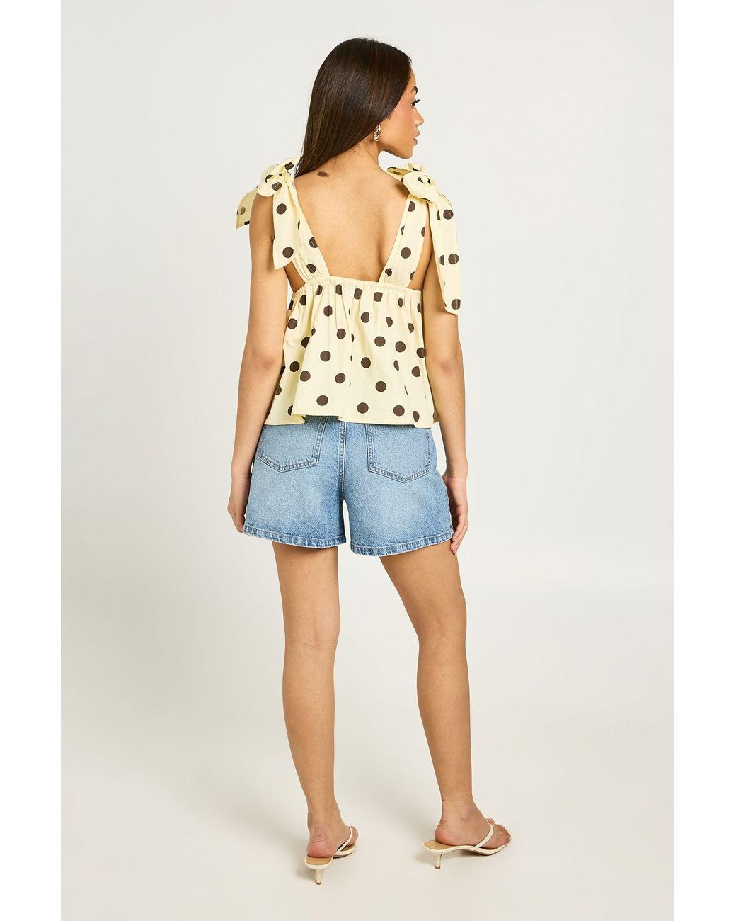 Boohoo Blue Polka Dot Poplin Tie Shoulder Top