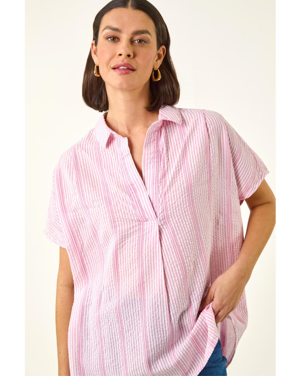 Roman Pink Stripe Pleated Neck Top