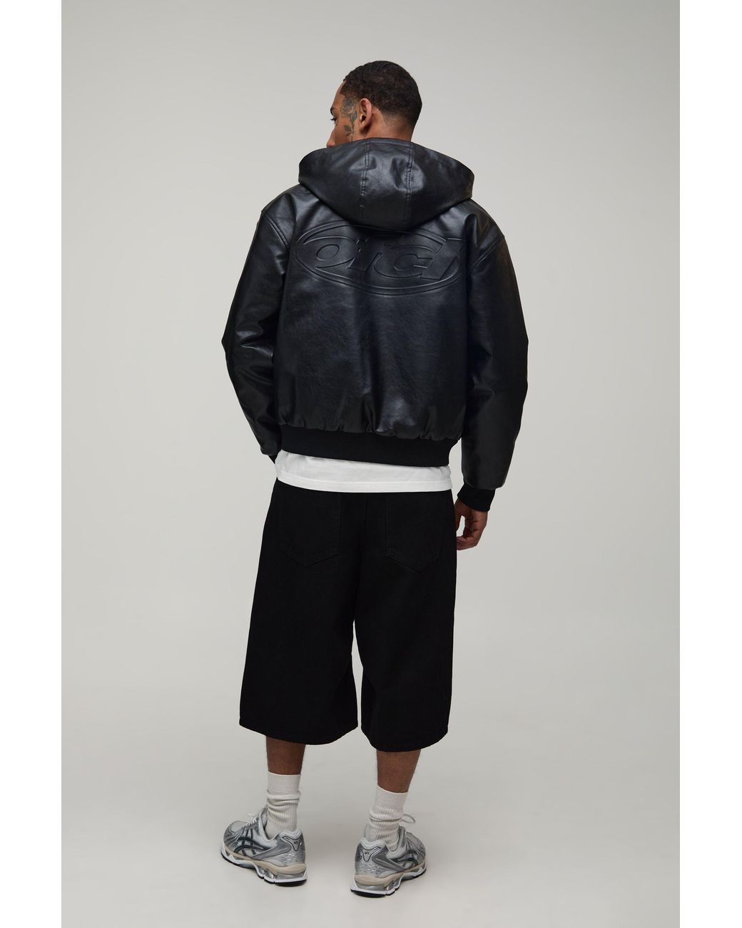 BoohooMAN Blue Boxy Fit Embossed Ofcl Hooded Bomber Jacket for men