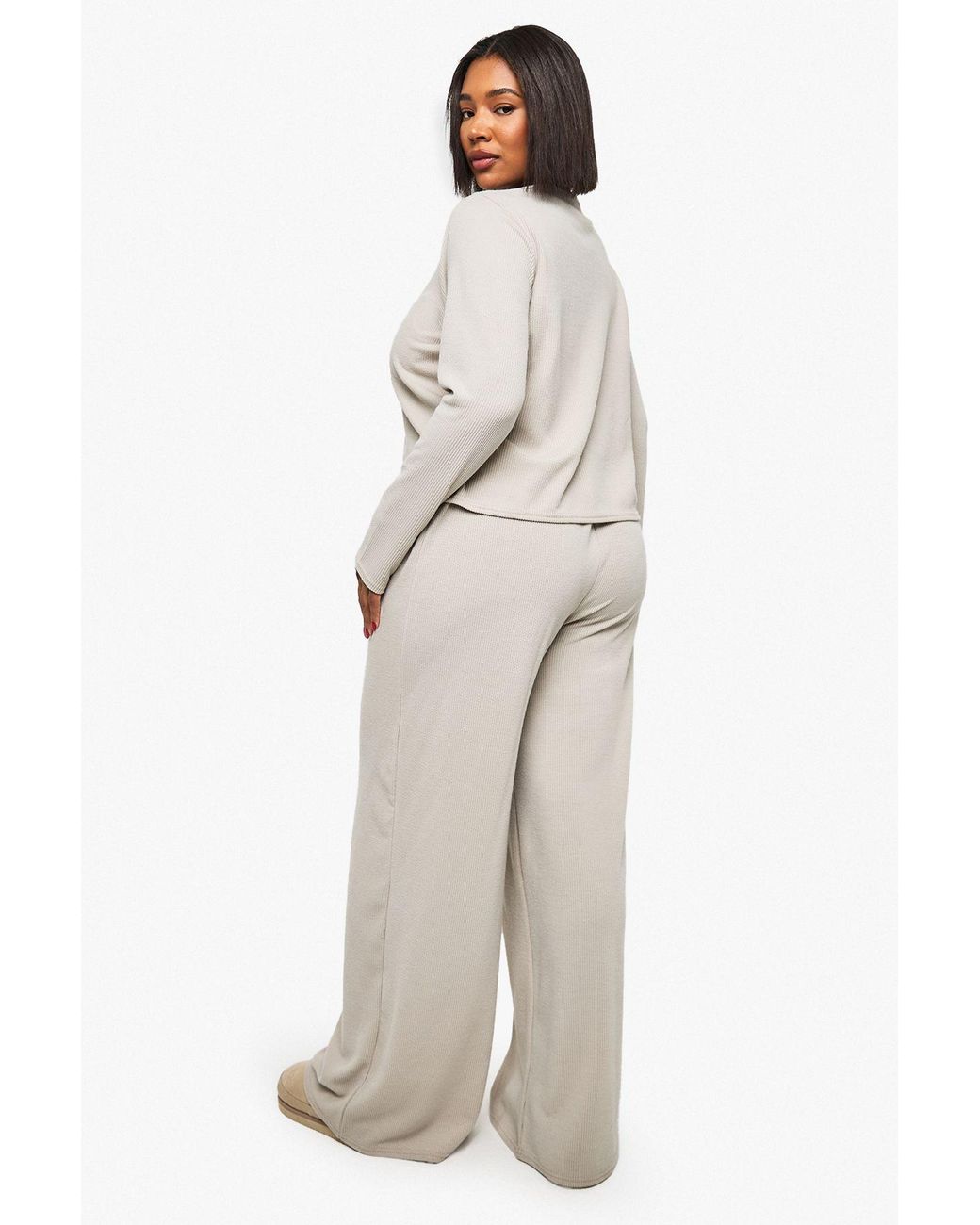 Boohoo Natural Plus Rib Button Cardigan Sleeve Top And Trouser Co-Ord
