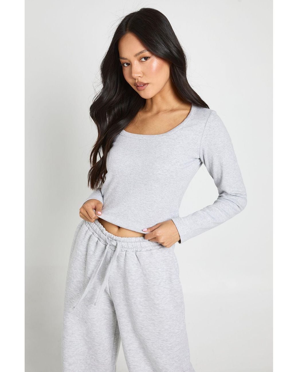 Boohoo White Petite Scoop Neck Long Sleeve Top And Straight Leg Jogger Tracksuit