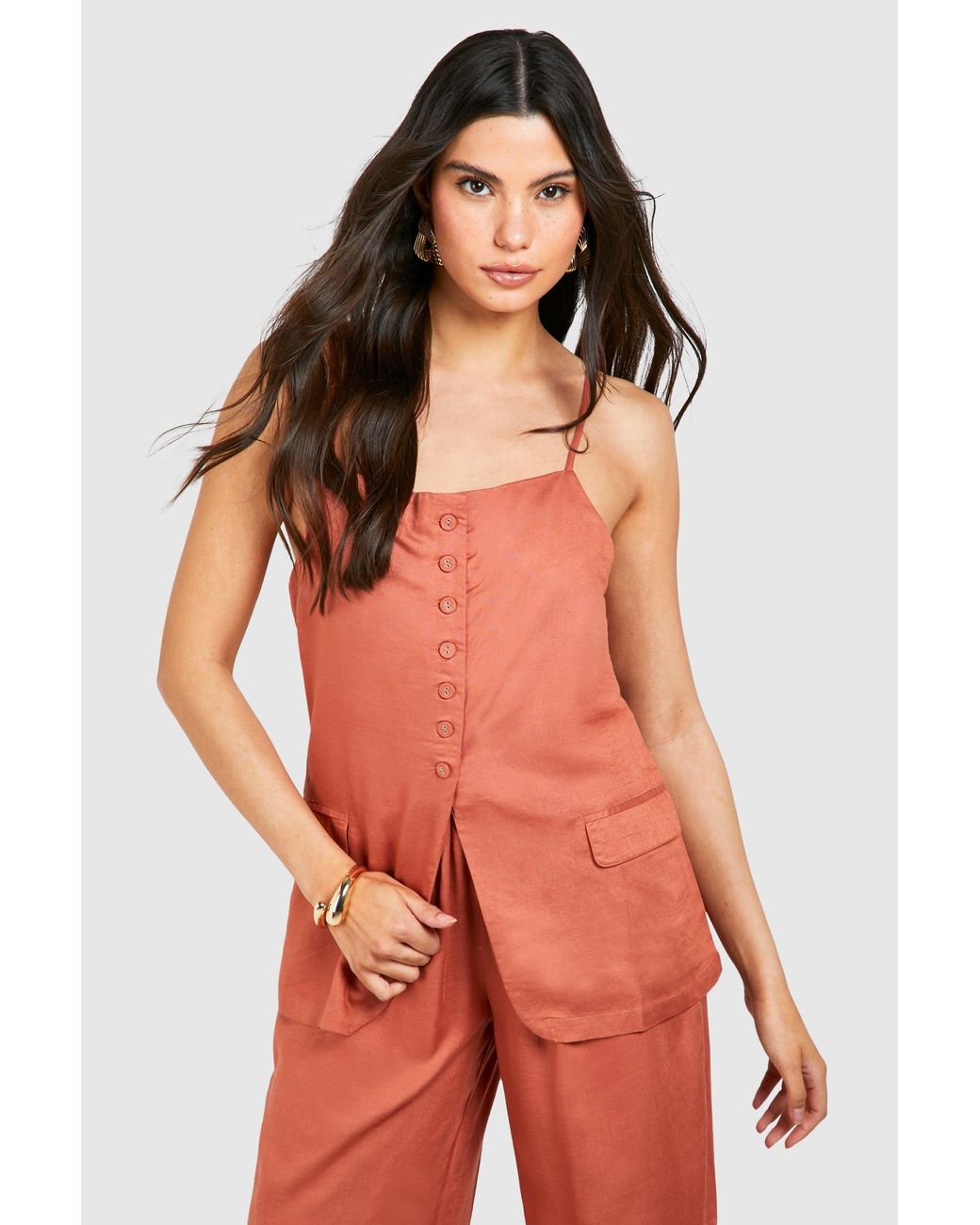 Boohoo Orange Linen Look Button Front Longline Waistcoat
