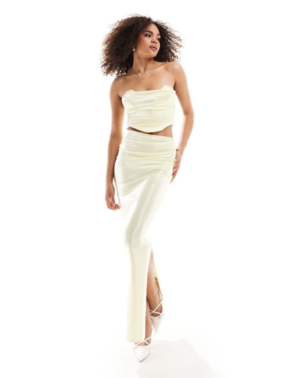 ASOS White Co-Ord Ruched Side Satin Twill Maxi Skirt