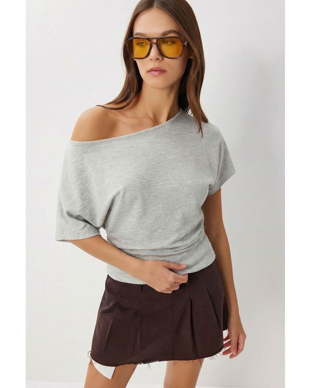 Happiness İstanbul Gray Off Shoulder Knitted Blouse