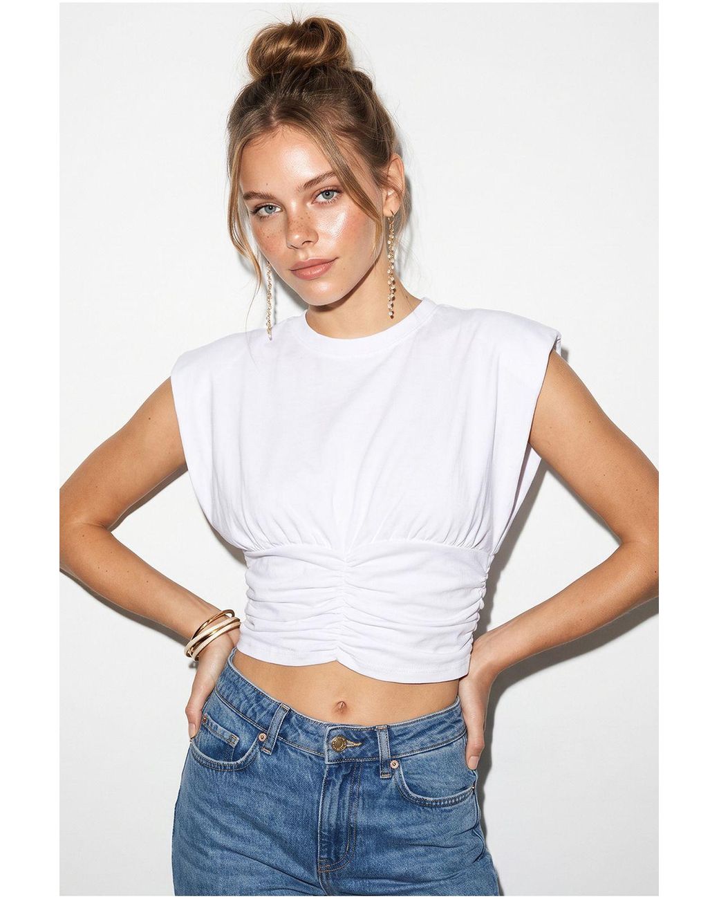 Bianco Lucci White Crop Strapless Jersey Blouse