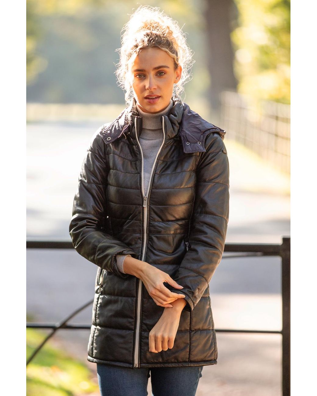 Monom Black 'Sofia' Detachable Hood Three Quarter Leather Jacket
