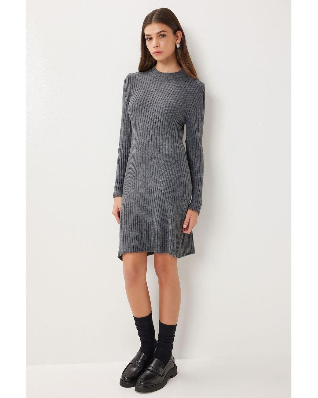 Happiness İstanbul Gray Ribbed A-Line Knit Mini Dress