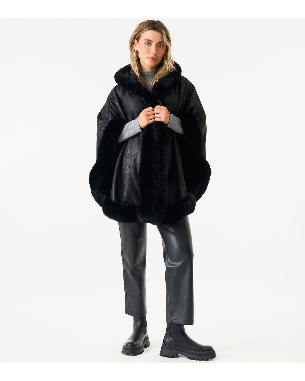 Gini London Black Faux Fur Trim Poncho Cape