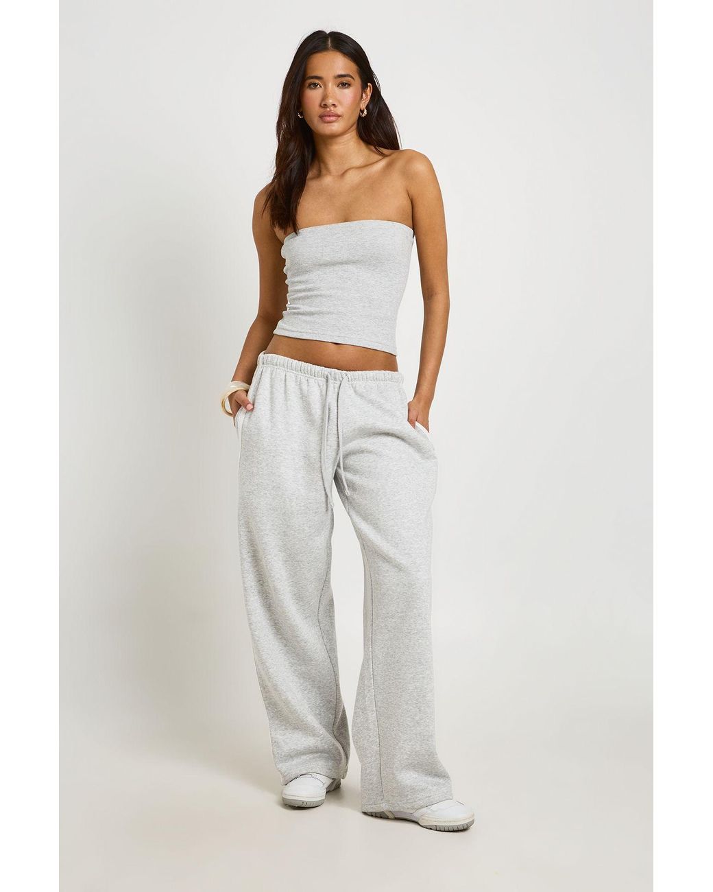 Boohoo White Ribbed Bandeau Top And Striped Jogger Tracksuit