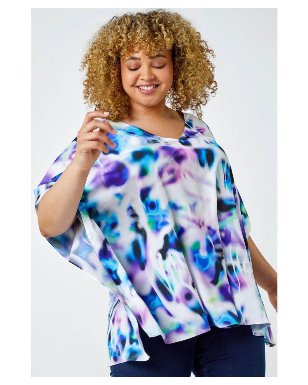 Roman Curve Blue Watercolour Print Chiffon Top