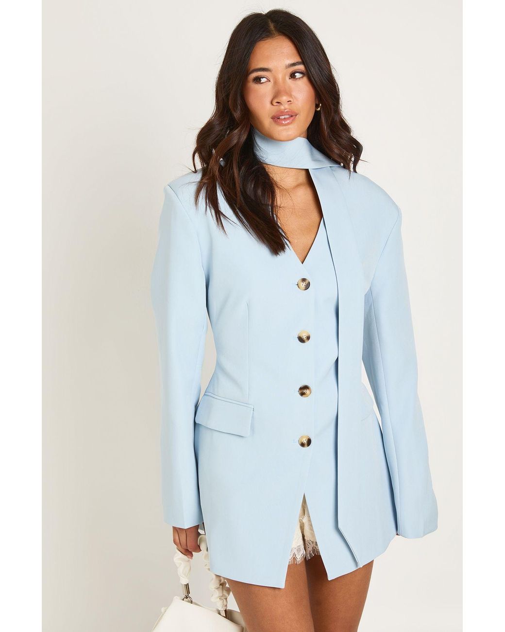 Boohoo Blue Tailored Scarf Detail Shoulder Pad Blazer Dress
