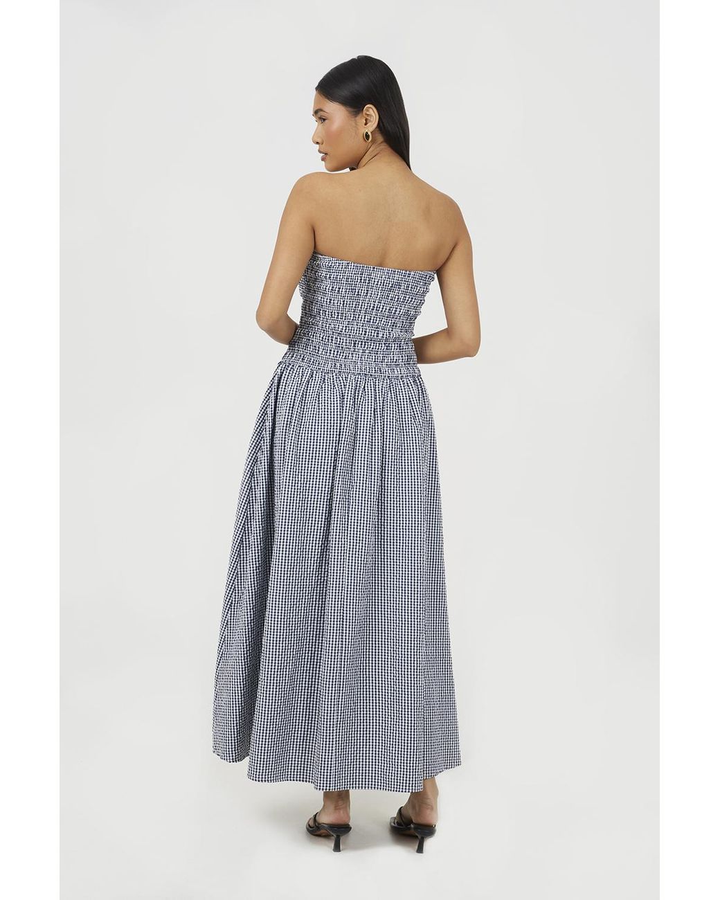 Brave Soul Blue Gingham Sleeveless Ruched Bodice Midi Dress