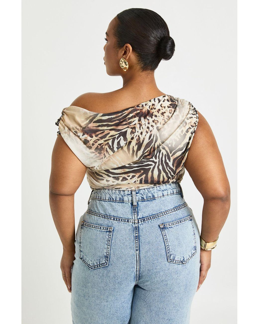 Boohoo Black Plus Animal Asymmetric Ruched Top