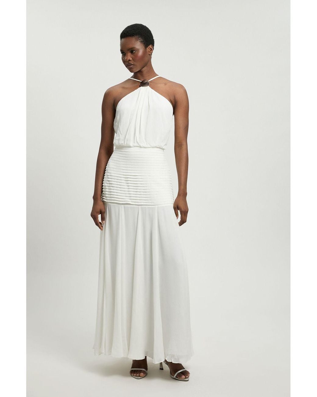 Karen Millen White Petite Viscose Georgette Drop Hem Woven Halter Neck Maxi Dress