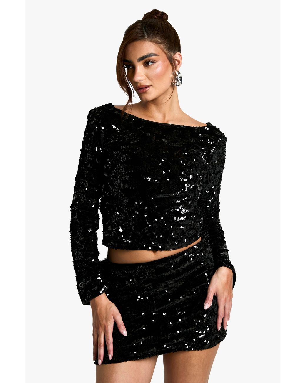 Boohoo Black Velvet Sequin Scoop Back Long Sleeve Top